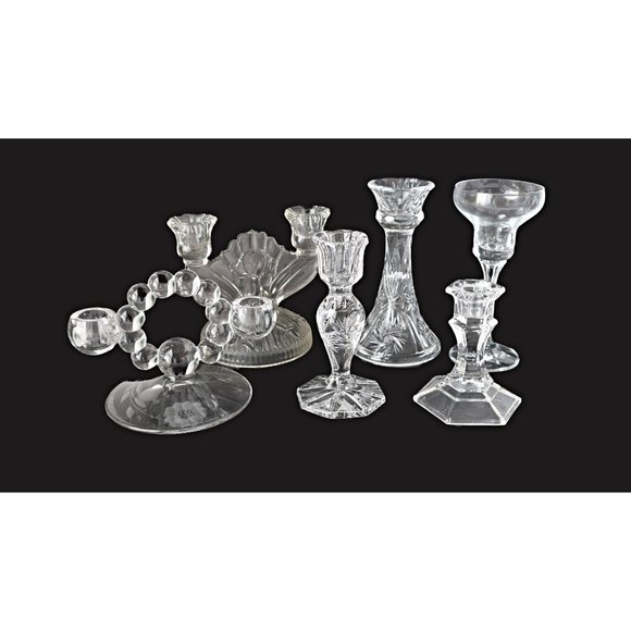 6 Curated Vintage Clear Candlestick Holders Single & Double - Picture 1 of 7
